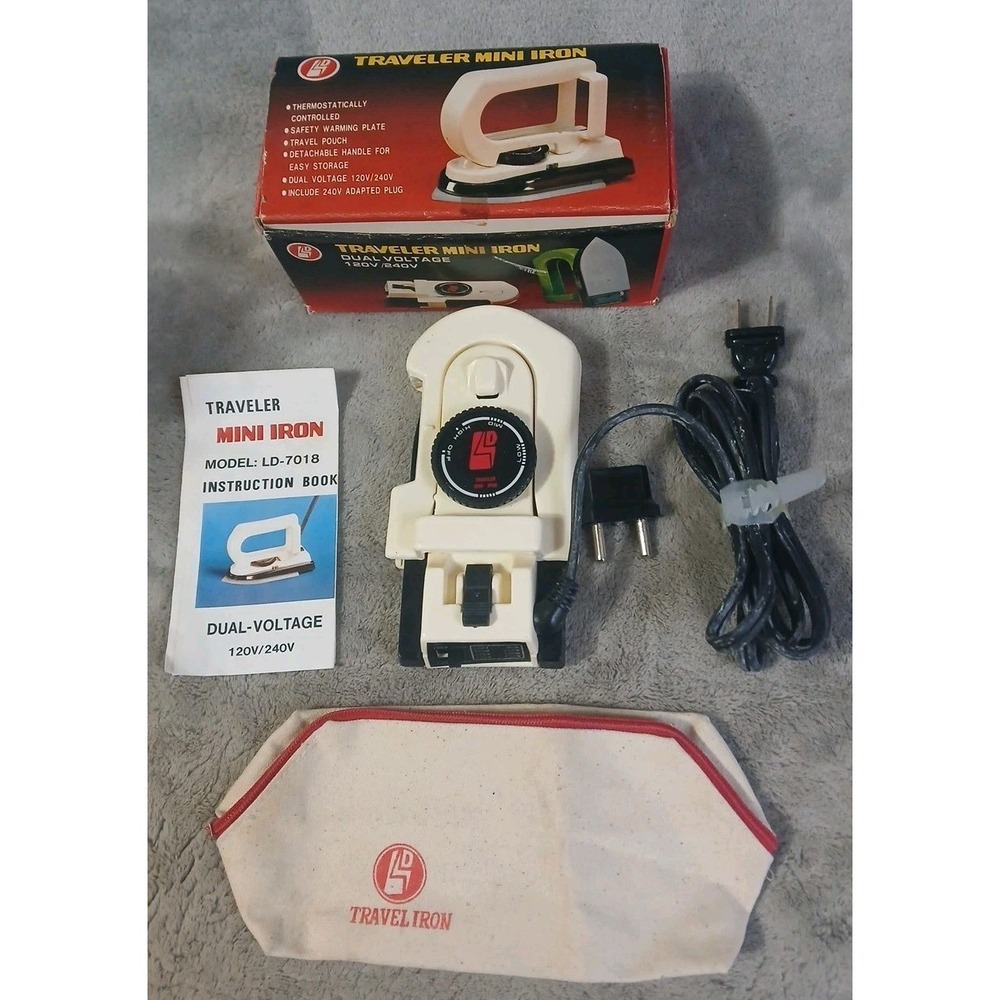 Vintage Traveler Mini Iron LD-7018 Travel Sized 80's Original Box And Bag‎ READ